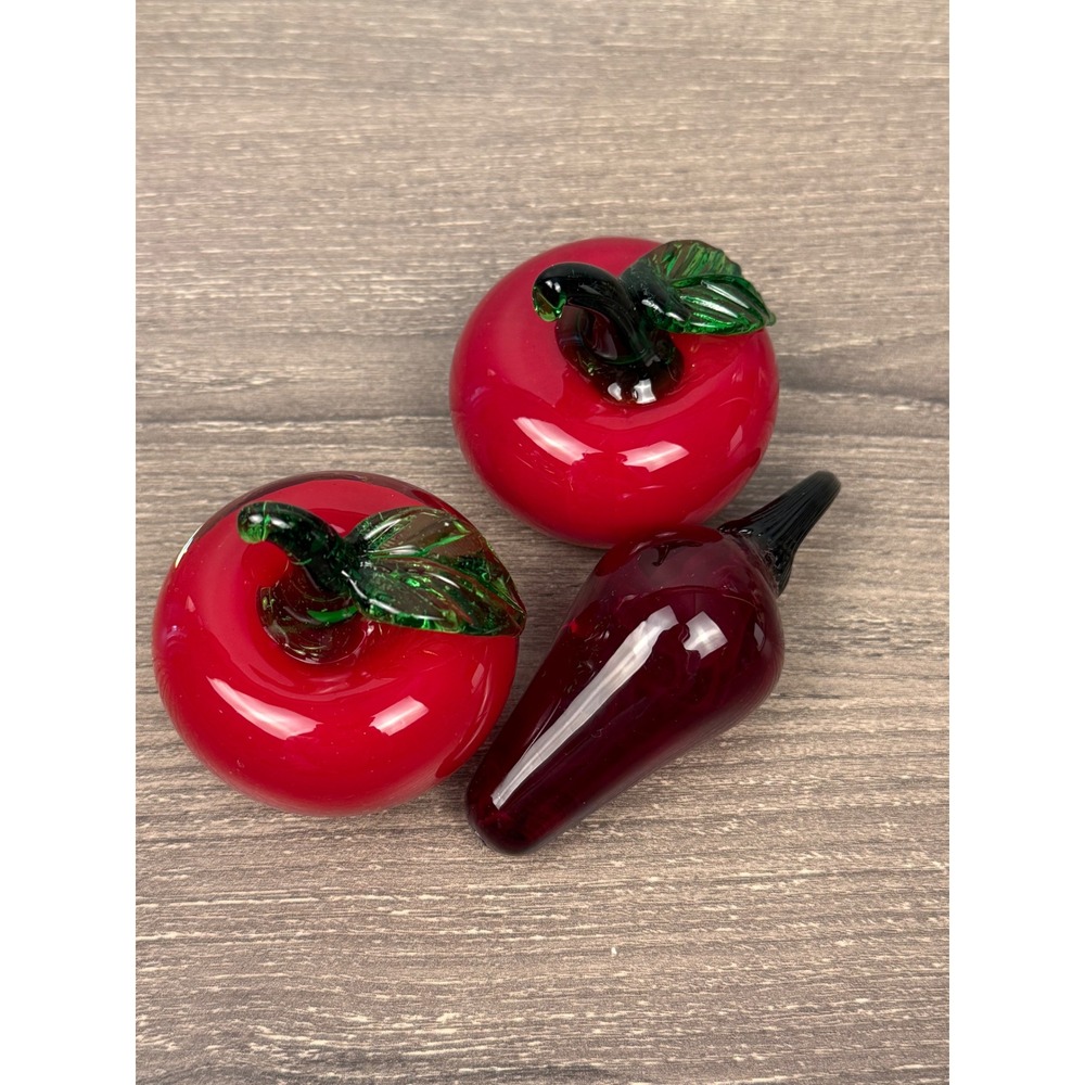 Vintage Hand Blown Glass Fruit Set 3pc Red Apples and Burgundy pepper